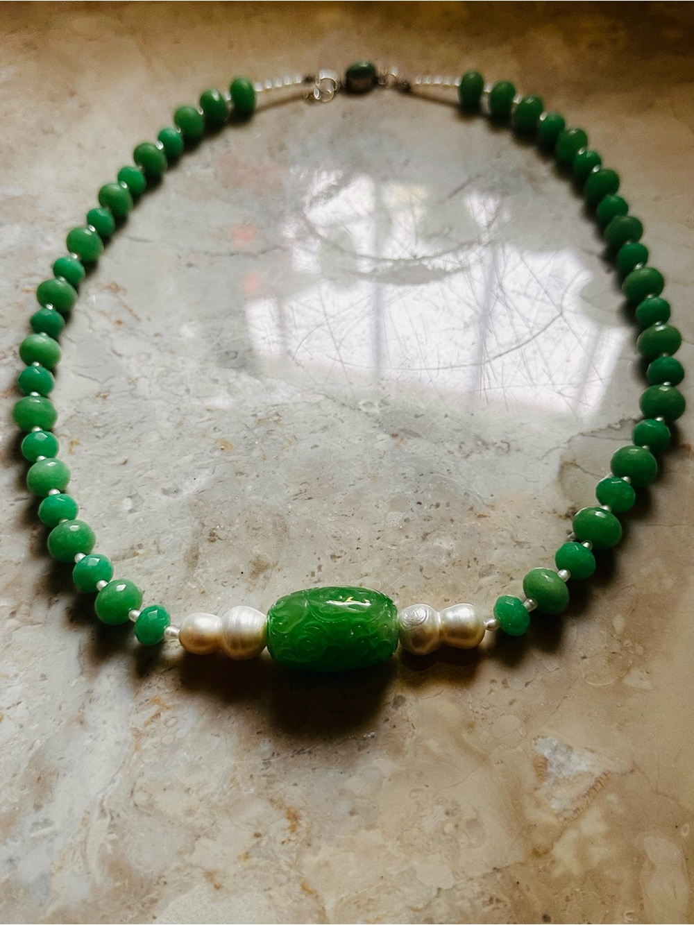 Green Jade Carved Jade Fasted Jade Beaded Necklace with genuine Pearl Artisan - Picture 7 of 13